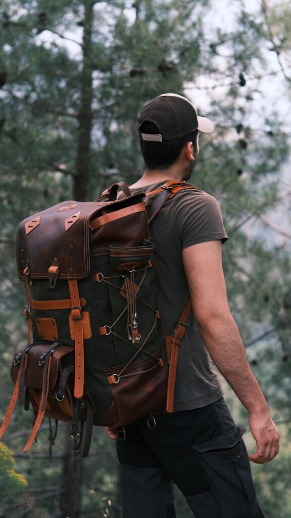 Crafting Captivating Headlines: Your awesome post title goes here A man with a leather backpack stands in a forest, capturing the essence of adventure.