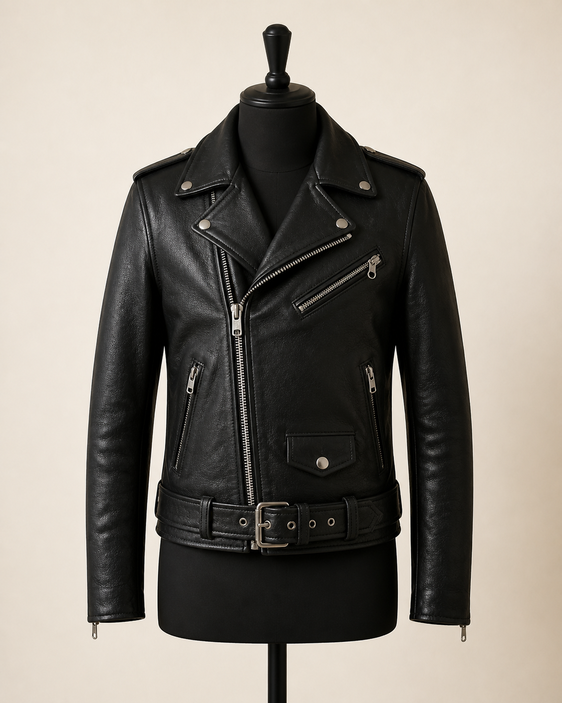 Black leather biker jacket on a studio mannequin