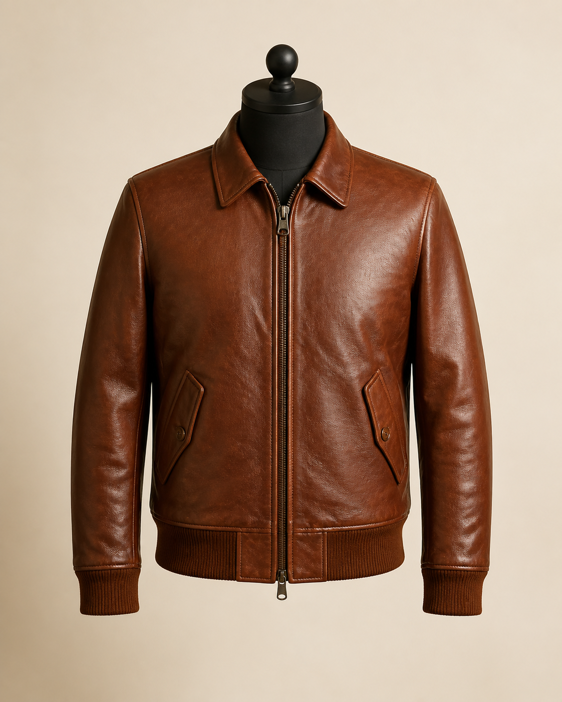 Cognac brown lambskin leather bomber jacket on a studio mannequin