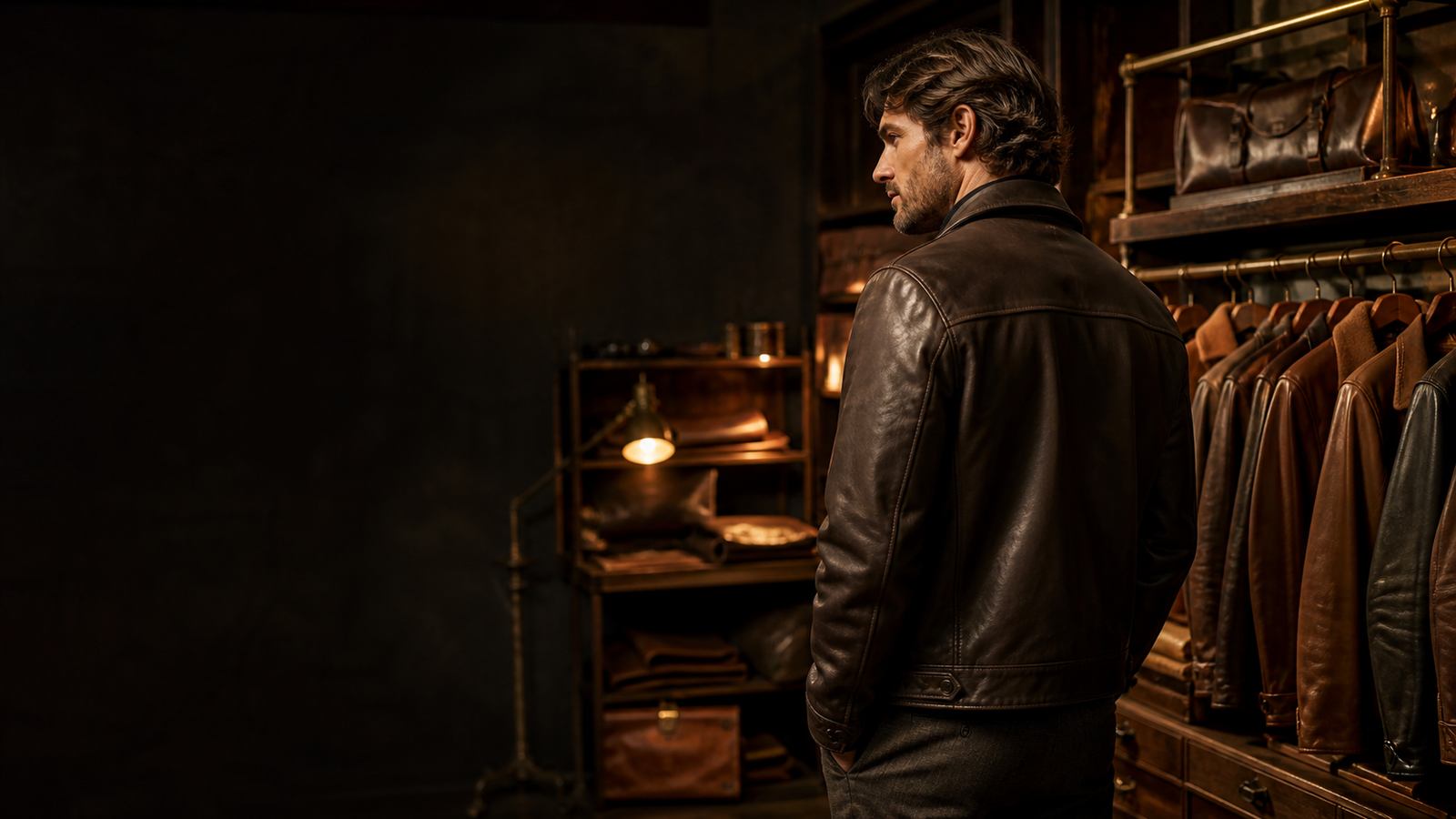 Leather jacket maker in a warm traditional leather workshop