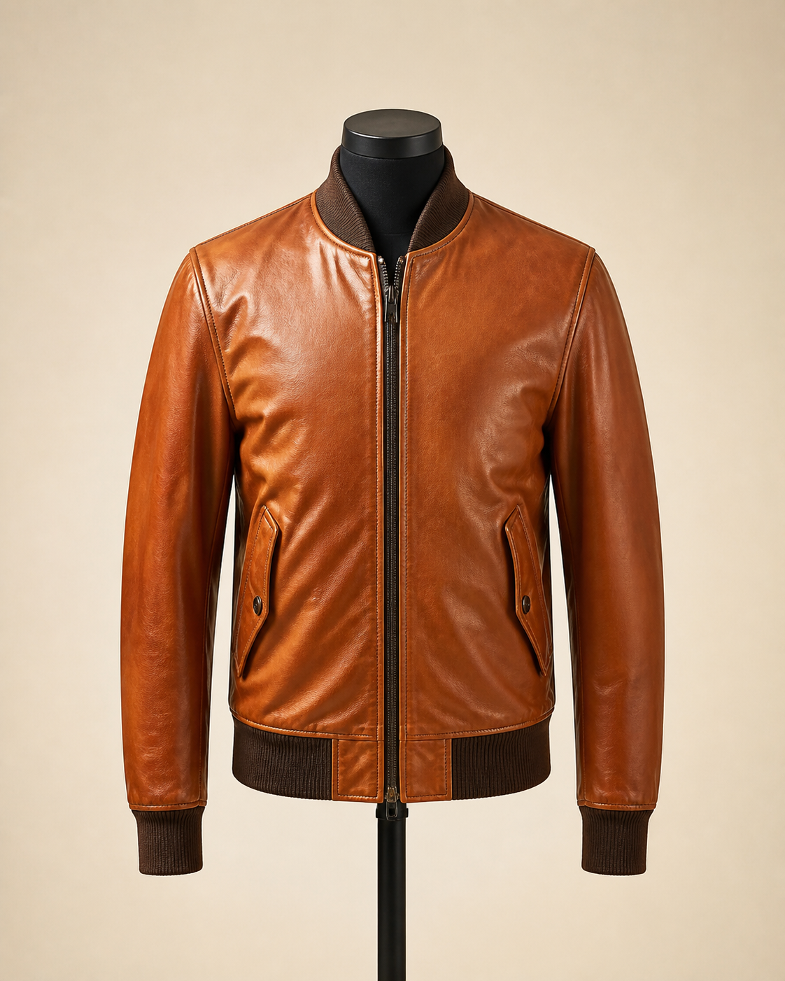 Tan leather bomber jacket on a studio mannequin