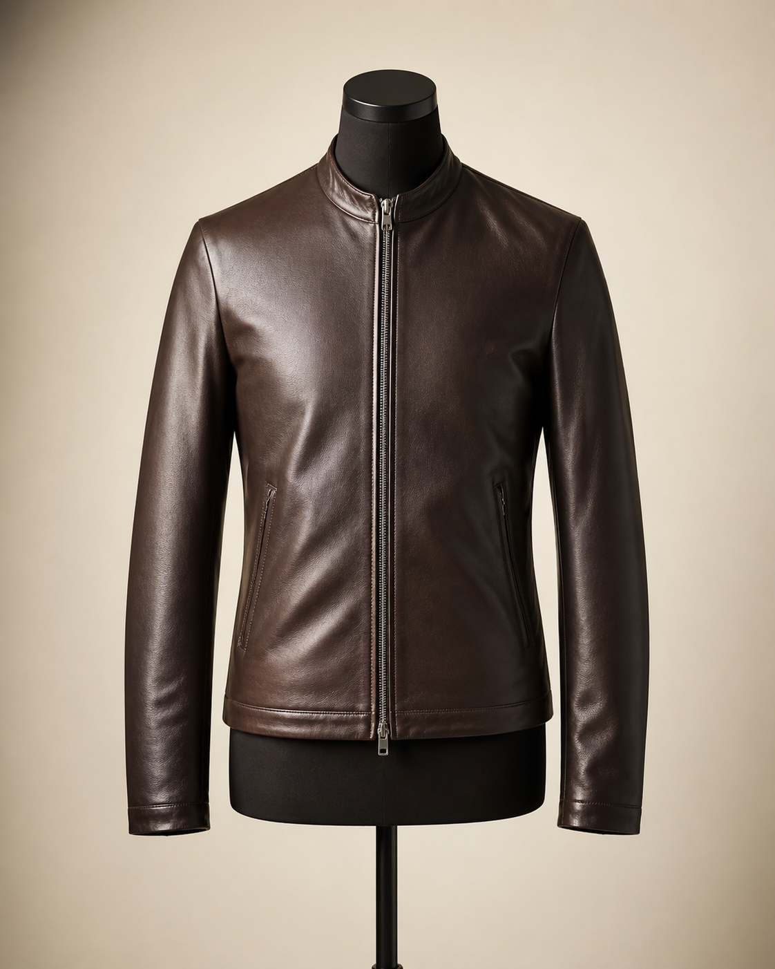 Espresso brown leather racer jacket on a studio mannequin